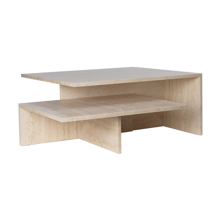 Sofabordet Grande Duo Tables fra Ferm Living har en nydelig, minimalistisk konstruksjon som skaper en fin kontrast til rikheten i travertinens struktur. Dette er det største bordet i Distinct-serien. 
