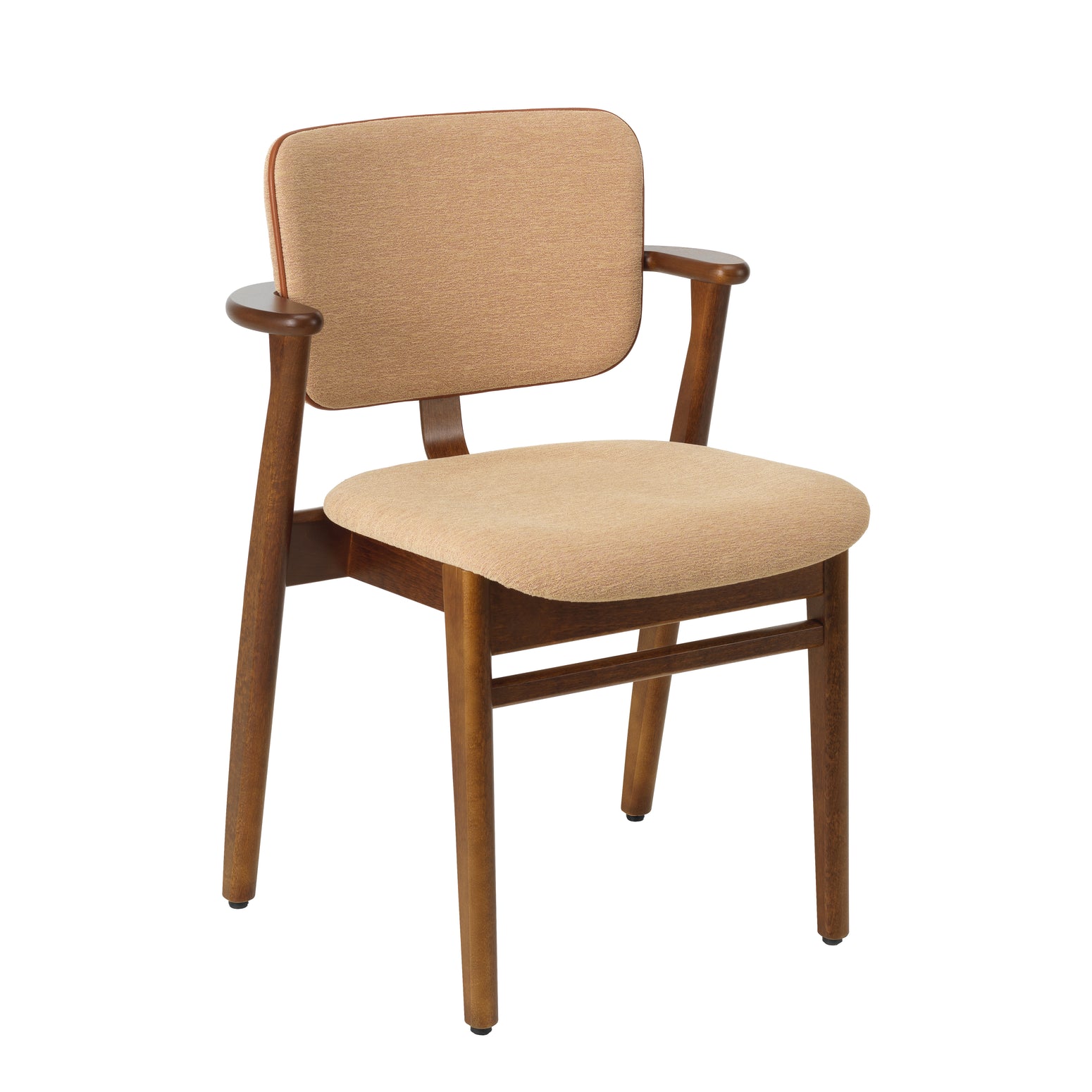 Stolen Domus Chair fra Artek i valnøttbeiset bjørk med beige tekstil og konjakkfarget kantbise i skinn