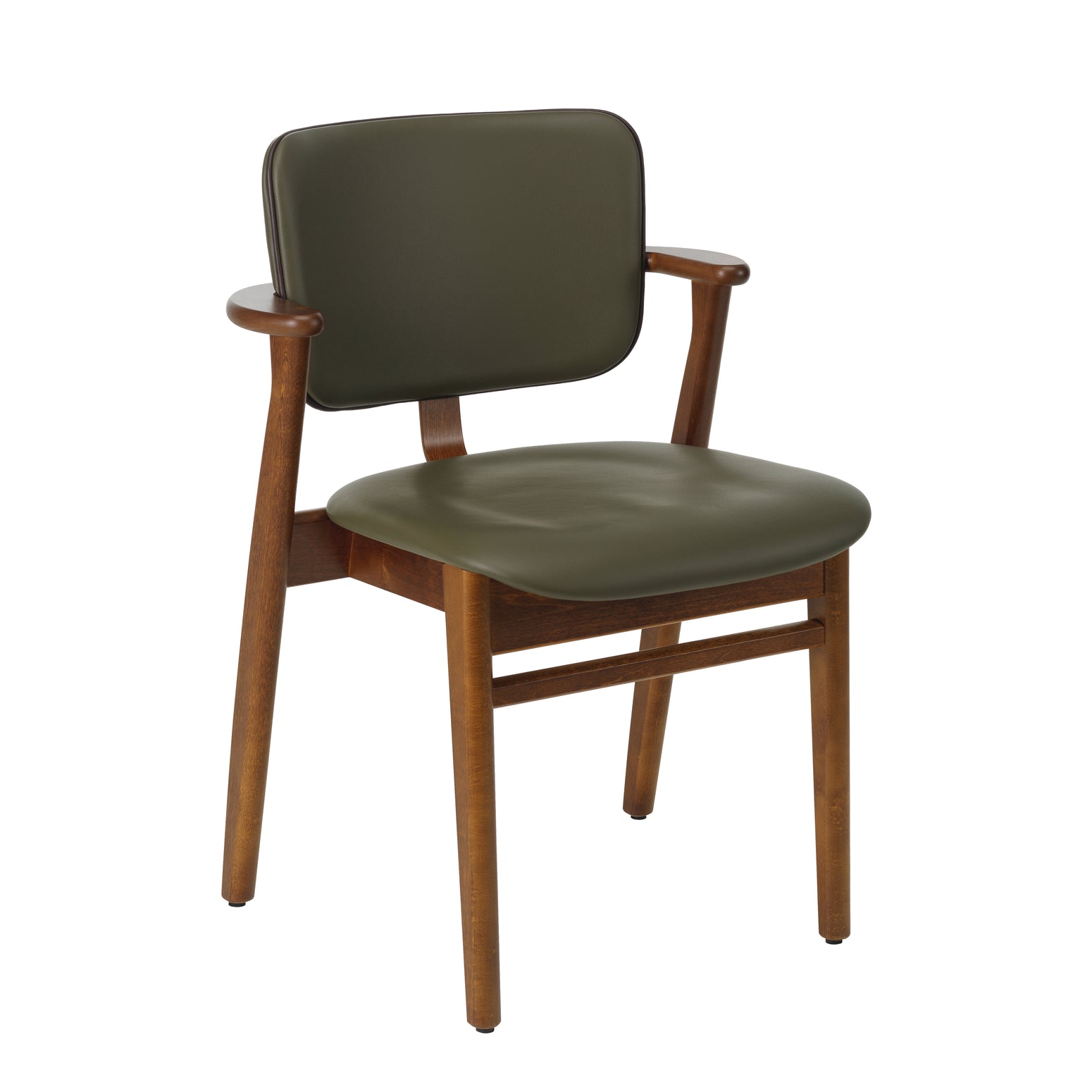 Stolen Domus Chair fra Artek i valnøttbeiset bjørk med grønt skinn og mørkebrun kantbise i skinn