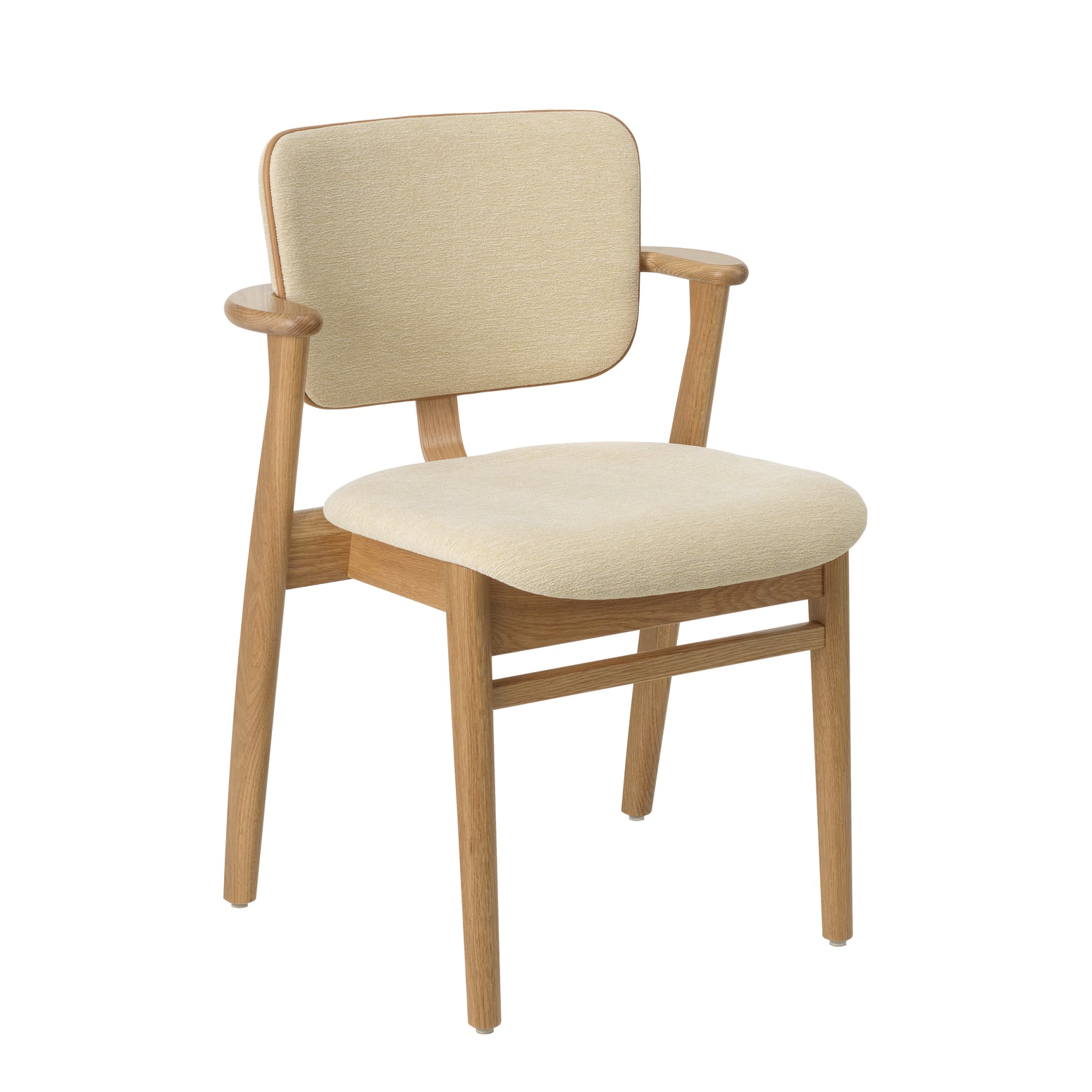 Stolen Domus Chair fra Artek i eik med kremfarget tekstil og kantbise i brunt skinn