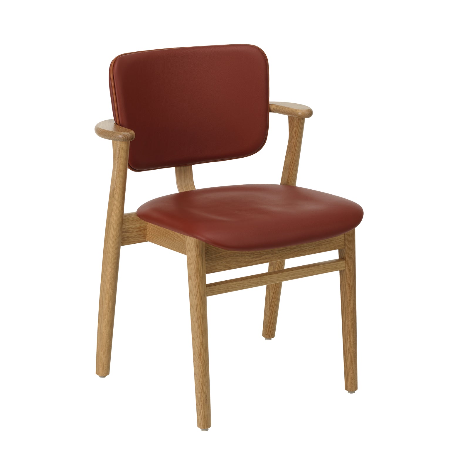 Stolen Domus Chair fra Artek i eik med rødt skinn og konjakkfarget kantbise i skinn