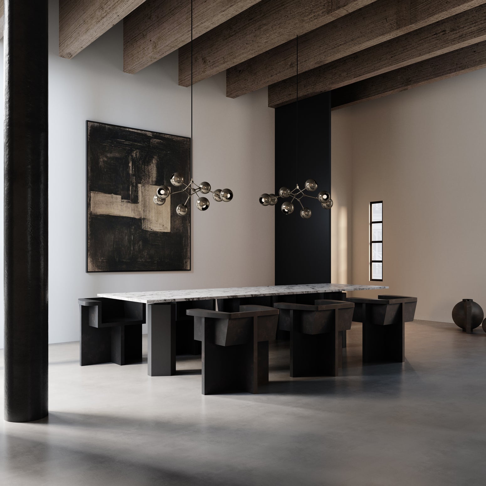 Taklampen fra 101 Copenhagen har 14 justerbare metallarmer gir Drop Chandelier Globe stor fleksibilitet og mulighet for uendelig mange utrykk. Her er lampen i liten variant.