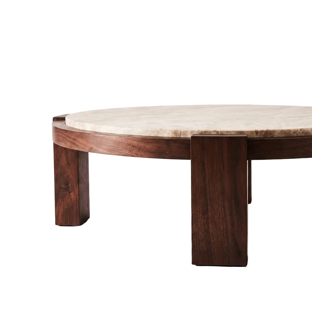 Rundt sofabord Dean Coffee Table fra Dusty Deco i valnøtt og travertinstein