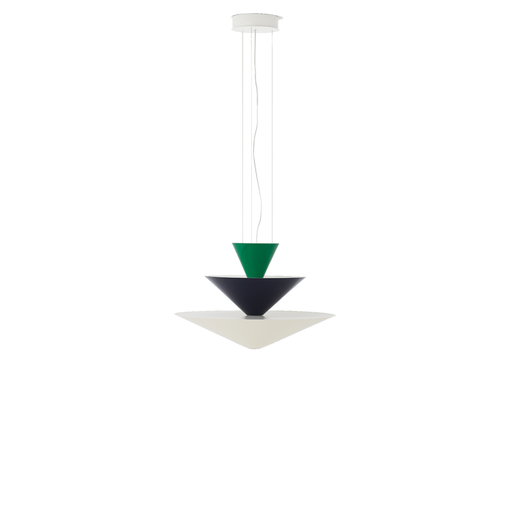 Taklampe Gio LN14 fra &tradition i fargen Signal Green, Deep Blue & Ecru White (grønn, blå og kremfarget). 