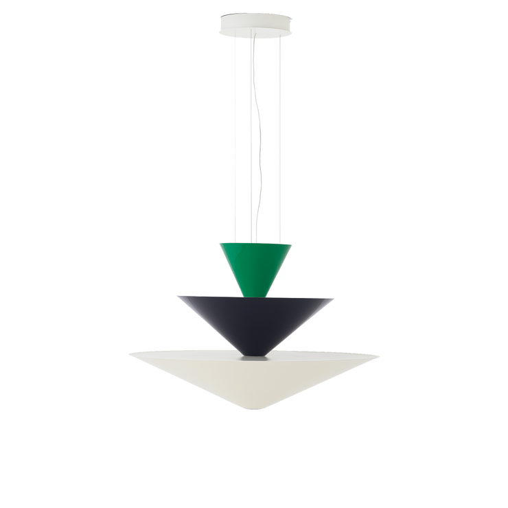 Taklampe Gio LN15 fra &tradition i fargen Signal Green, Deep Blue & Ecru White (grønn, blå og kremfarget). 
