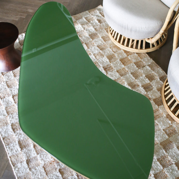 Vintage sofabord i tre, messing og grønt glass fra Objektum Vintage