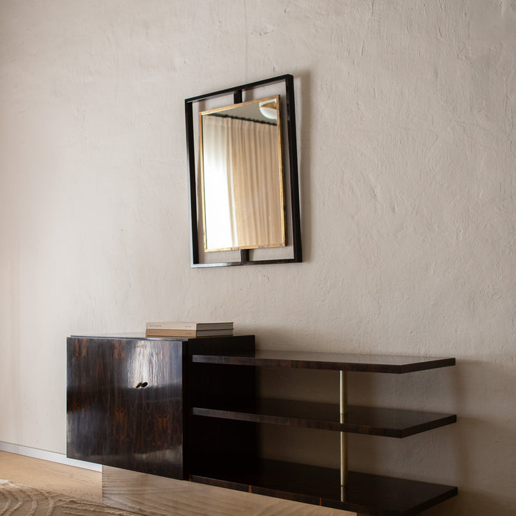 Vintage speil Art Deco med ramme i svart pianolakkert stål og patinert messing