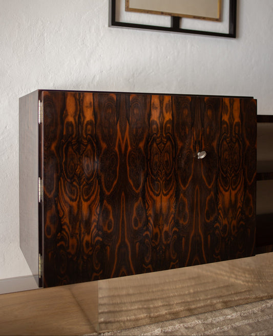 Vintage skjenk Art Deco i mørkt Ziricote-tre og sølvbelagt messing