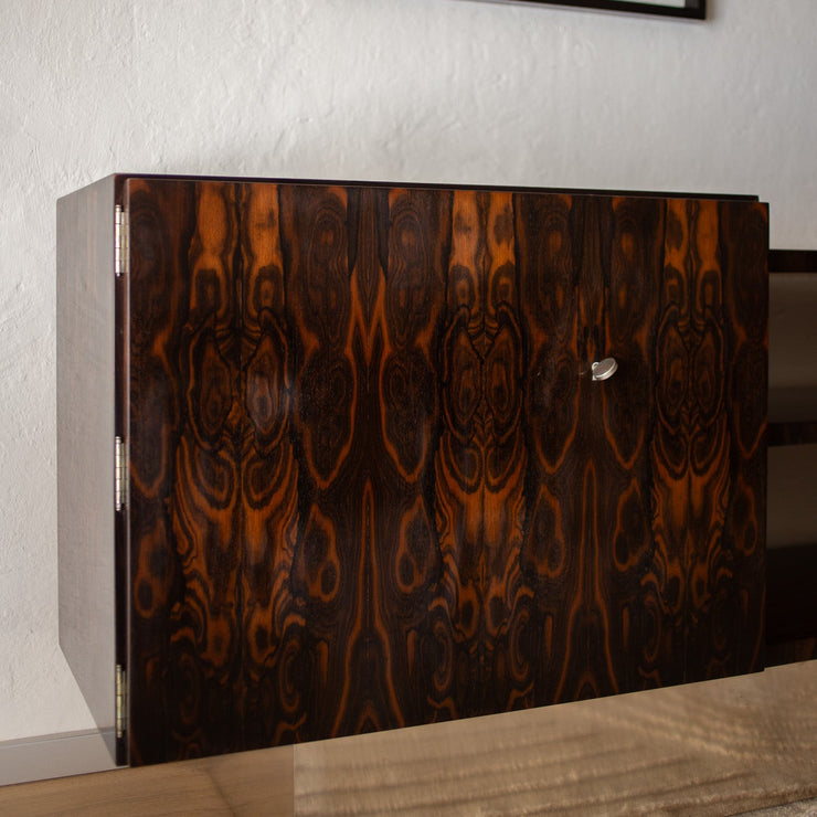 Vintage skjenk Art Deco i mørkt Ziricote-tre og sølvbelagt messing
