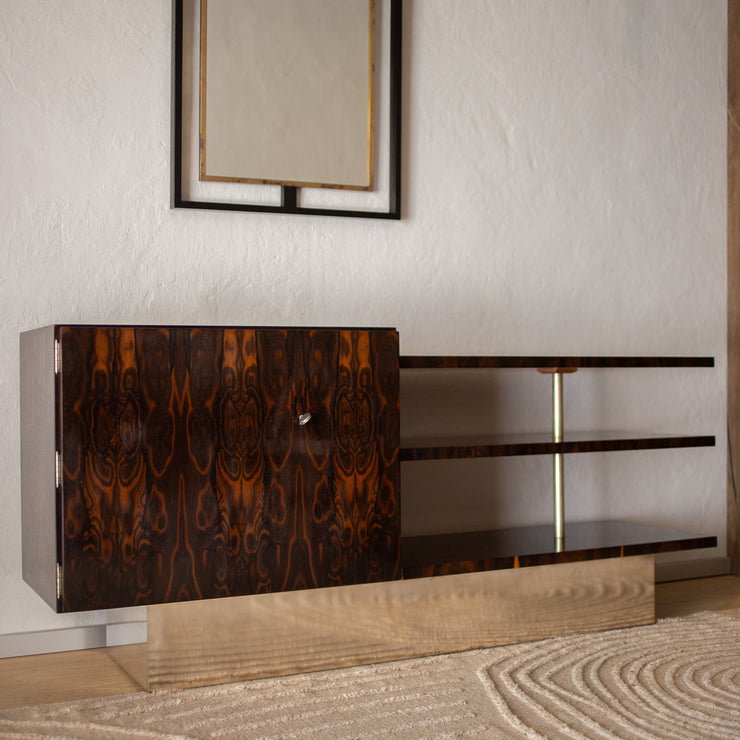 Vintage skjenk Art Deco i mørkt Ziricote-tre og sølvbelagt messing