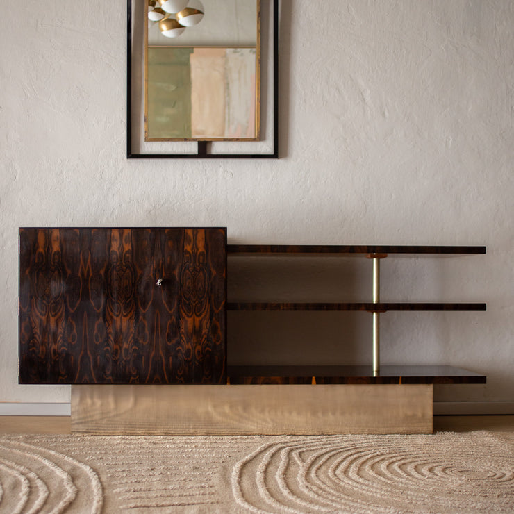 Vintage skjenk Art Deco i mørkt Ziricote-tre og sølvbelagt messing