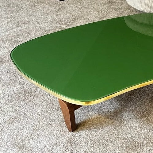 Vintage sofabord i tre, messing og grønt glass fra Objektum Vintage