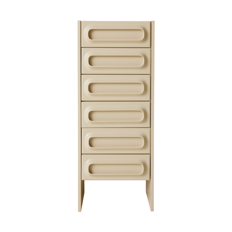 Oppbevaring til hjemmet, inspirert av 60- og 70-tallet: Skuffeseksjonen Space Drawer Cabinet i fargen Cream.