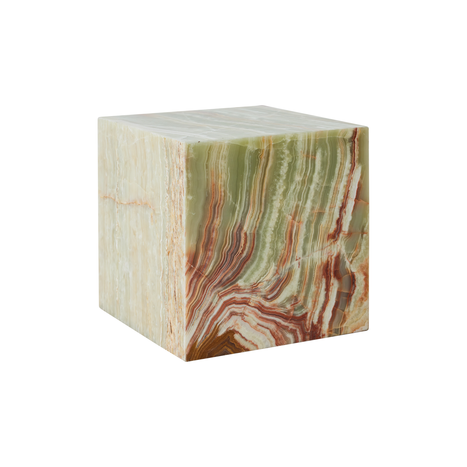 Sidebordet Onyx Marble Block Table fra HK Living er skåret ut i ett stykke, og da dette er en naturstein er hvert bord unikt i uttrykket – noe som er en del av sjarmen med marmorbord. Her i mineralgrønt.