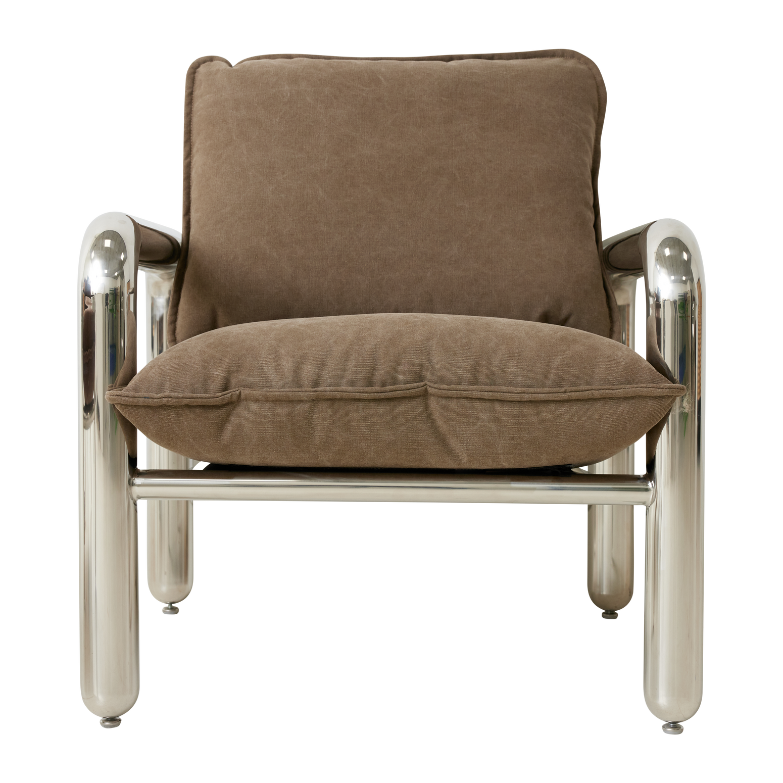 Lenestolen Chrome Lounge Chair fra HK Living med puter i tekstilet Canvas Brown, sett forfra.
