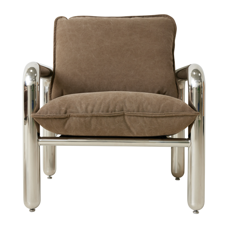 Lenestolen Chrome Lounge Chair fra HK Living med puter i tekstilet Canvas Brown, sett forfra.