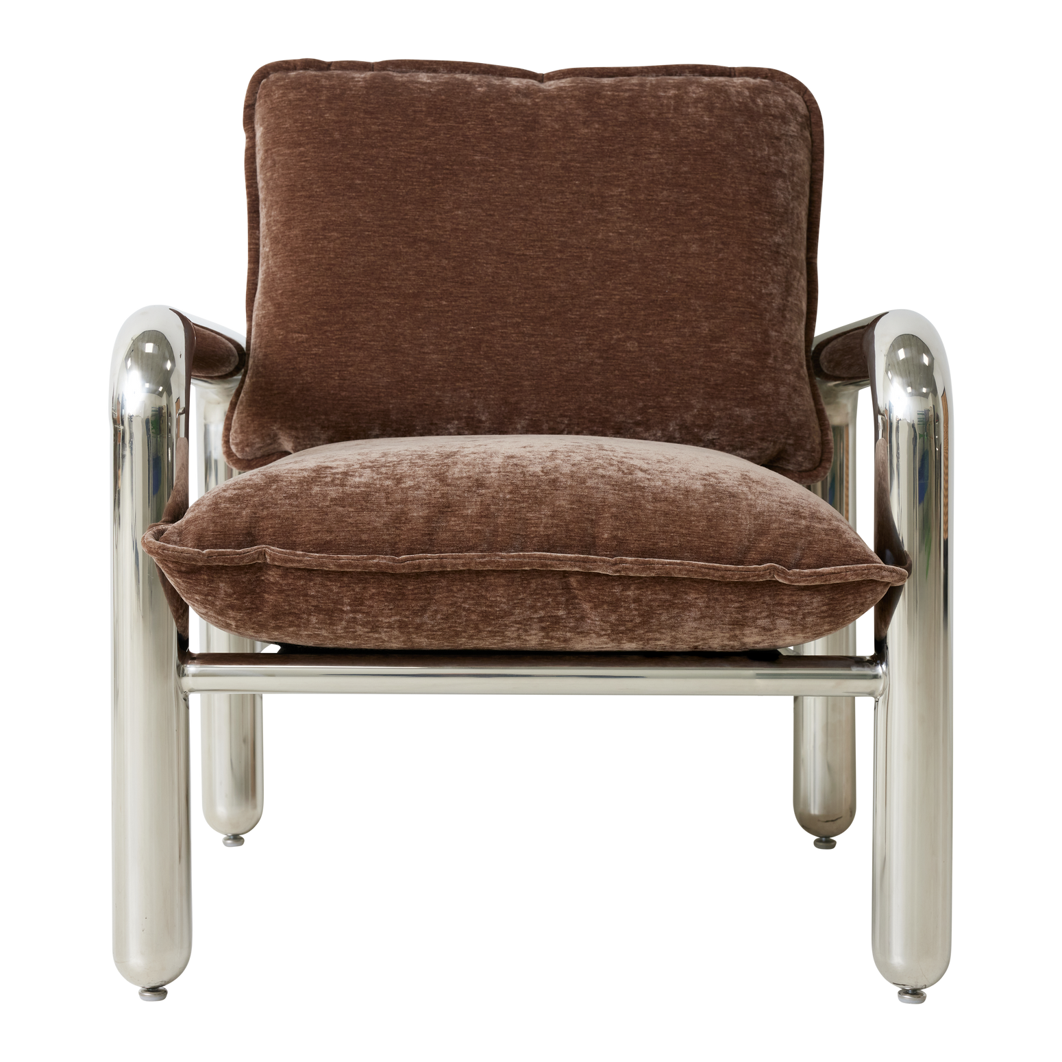 Lenestolen Chrome Lounge Chair fra HK Living med puter i tekstilet Velvet Brown, sett forfra.