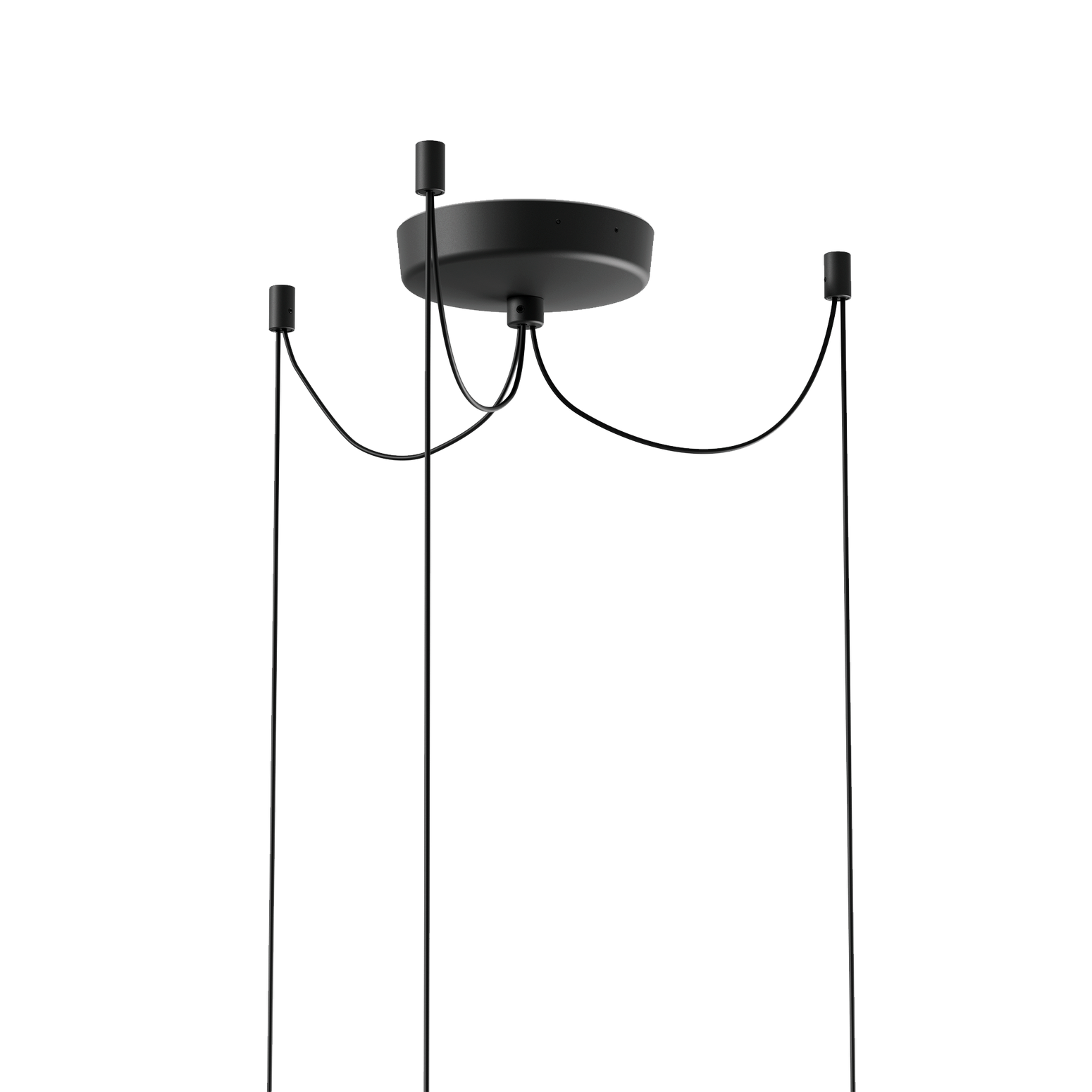 Opphenget i taklampen Tense Chandelier fra New Works. Du kan selv styre plasseringen av festepunktene til lampeskjermene – og dermed skape din helt egen versjon av lysekronen! 