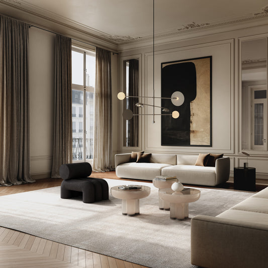 Taklampen Sahn Chandelier Chrome fra 101 Copenhagen i krom og hvitt opalglass er inspirert av 70-tallet.