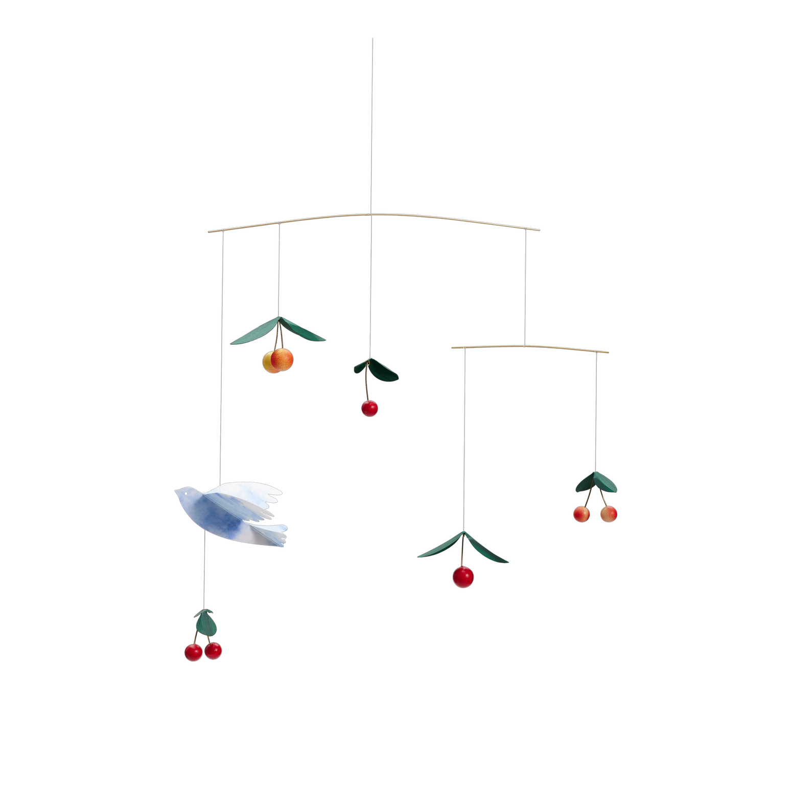 Uroen Cherry Bird designet av Carina Caia for Flensted Mobiler fanger med sine kirsebær og lille blå fugl essensen av sommer. Den er laget i lekende, naturlige farger og er lagd av eksklusive materialer – og henger like fint på et barnerom som på et voksent soverom, i en stue og på et kjøkken der du vil henge et vakkert blikkfang.