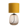 Gul lampeskjerm: Bordlampe Austra fra Hadeland Glassverk med lampefot i brunt glass, gul tekstilskjerm og svarte detaljer.