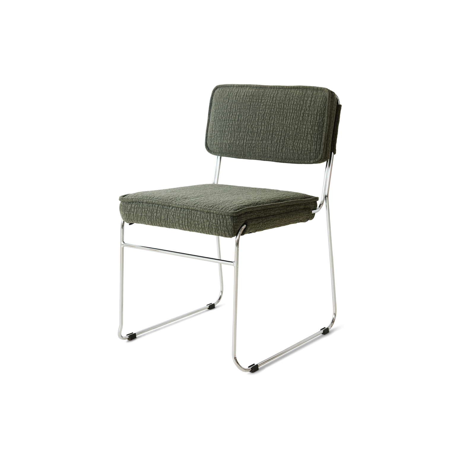 Spisestuestolen Endless Dining Chair fra HK Living med understell i forkrommet stål og polstret sete og rygg i det grønne tekstilet Edge Wild Olive