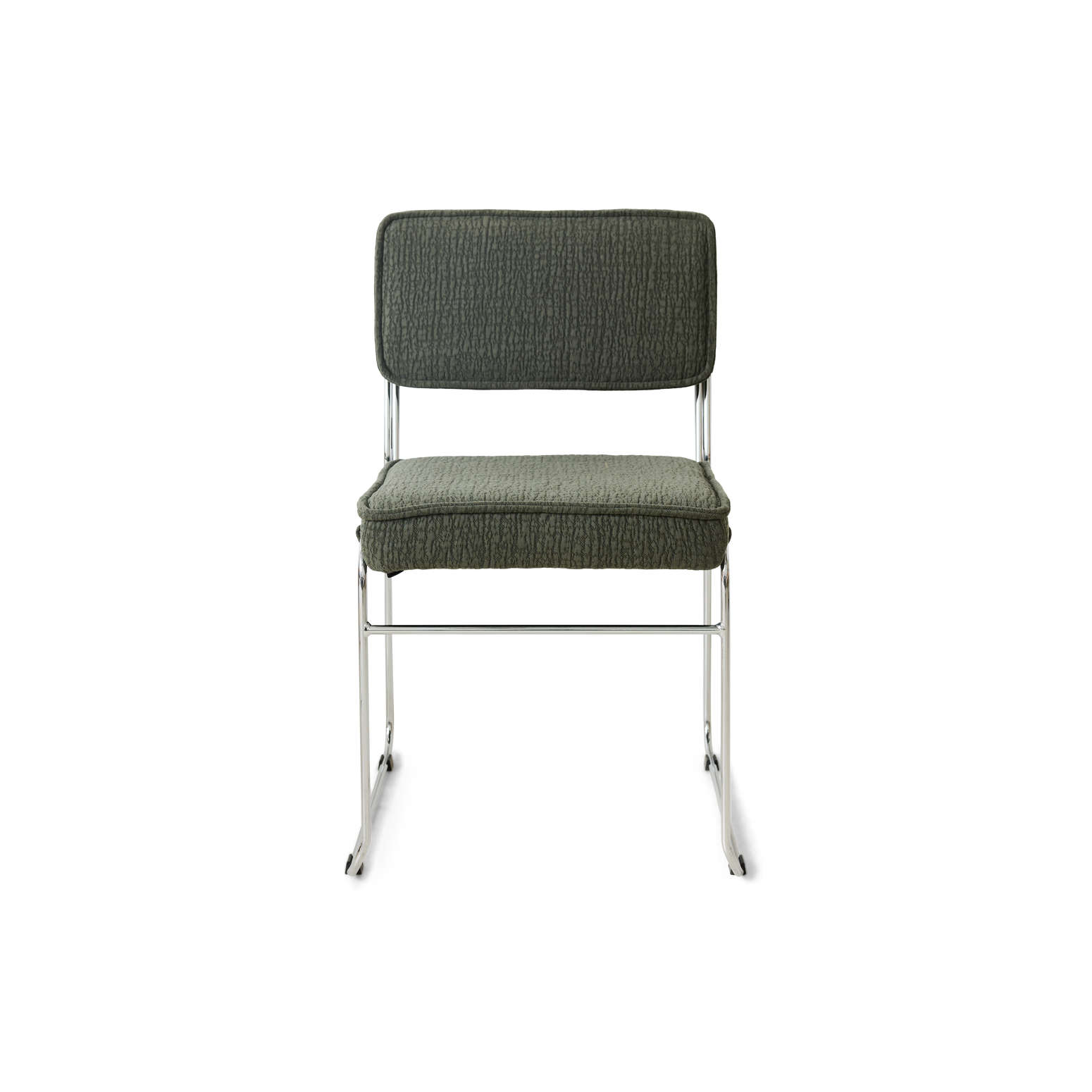 Spisestuestolen Endless Dining Chair fra HK Living med understell i forkrommet stål og polstret sete og rygg i det grønne tekstilet Edge Wild Olive