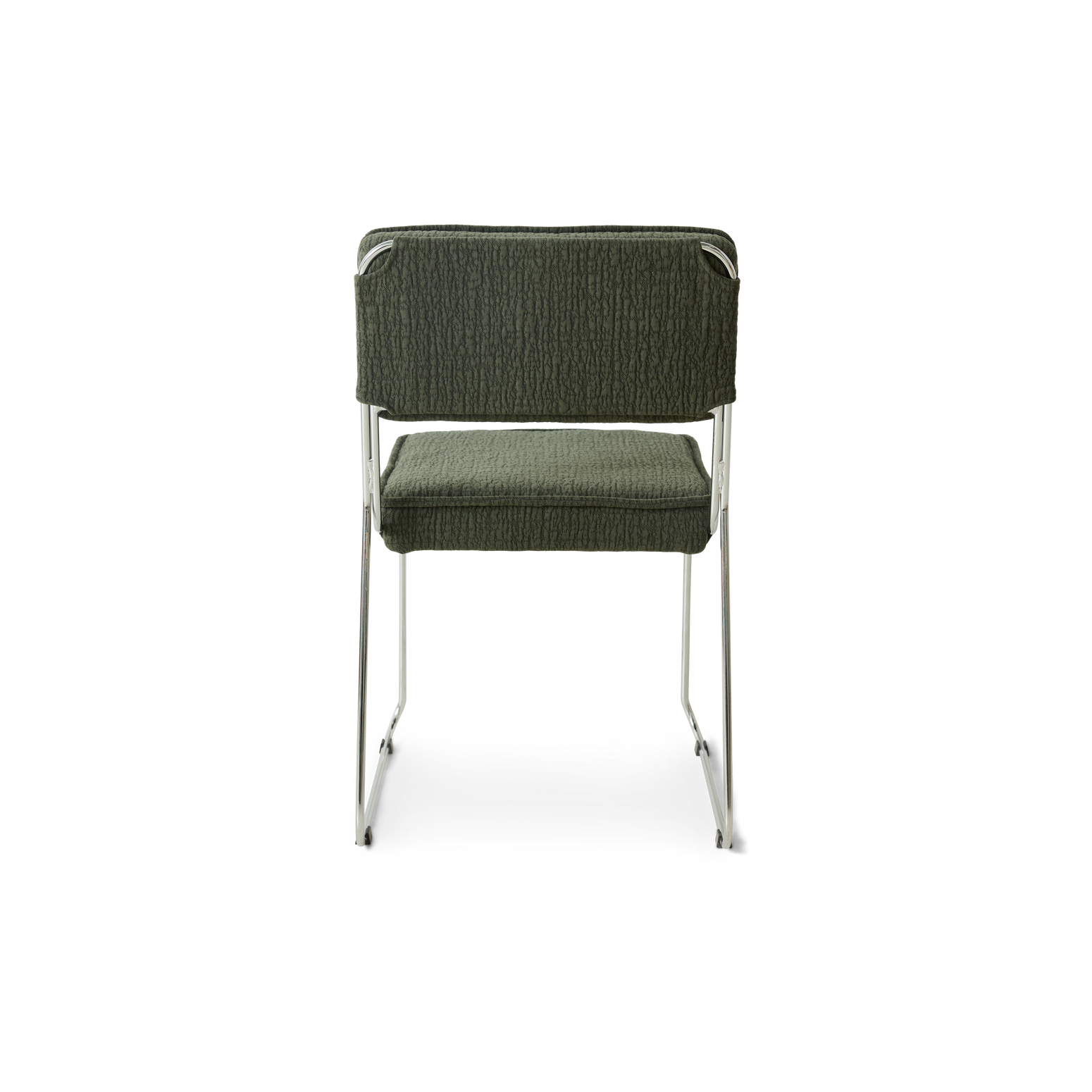 Spisestuestolen Endless Dining Chair fra HK Living med understell i forkrommet stål og polstret sete og rygg i det grønne tekstilet Edge Wild Olive
