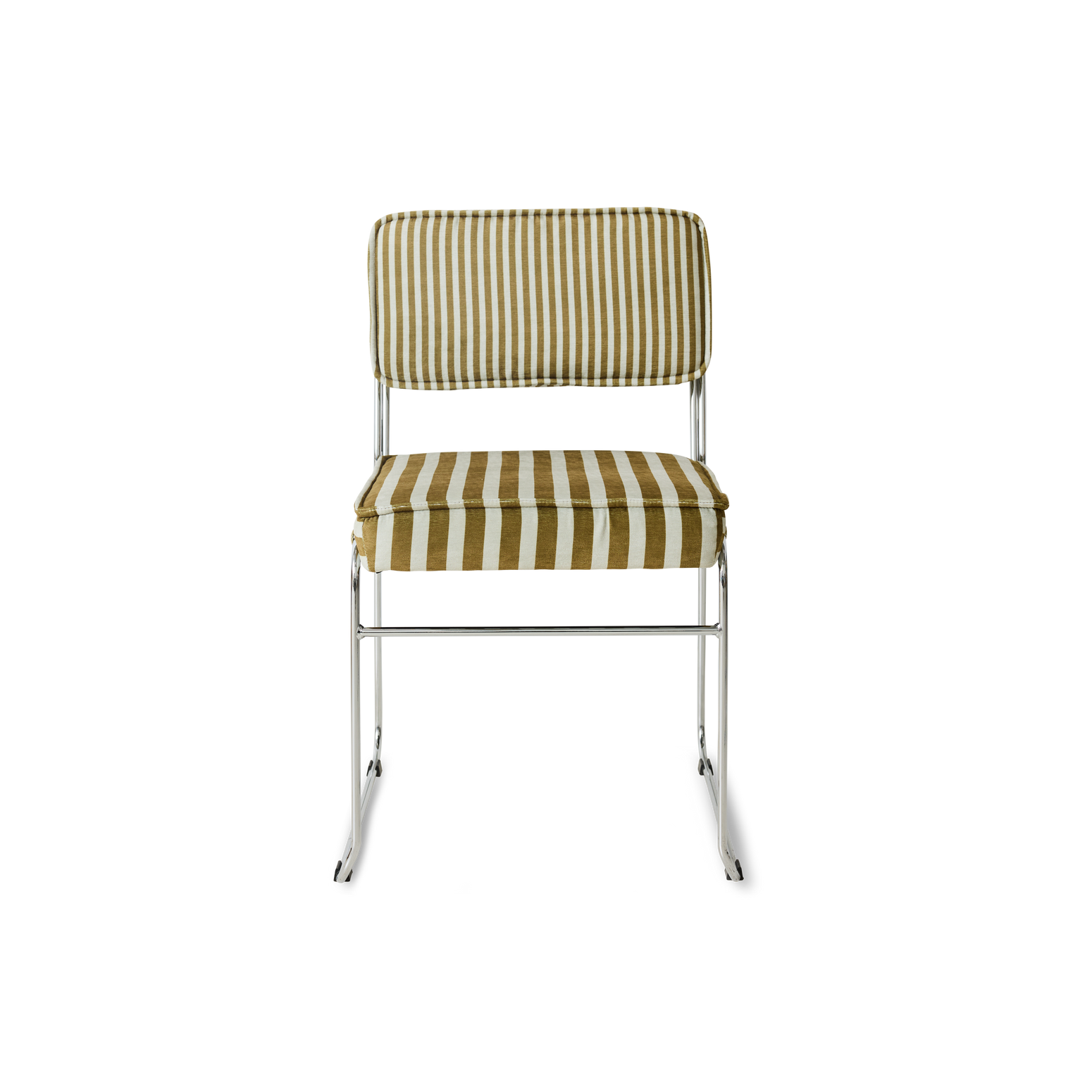 Spisestuestolen Endless Dining Chair fra HK Living med understell i forkrommet stål og polstret sete og rygg i det stripete tekstilet Sunflower