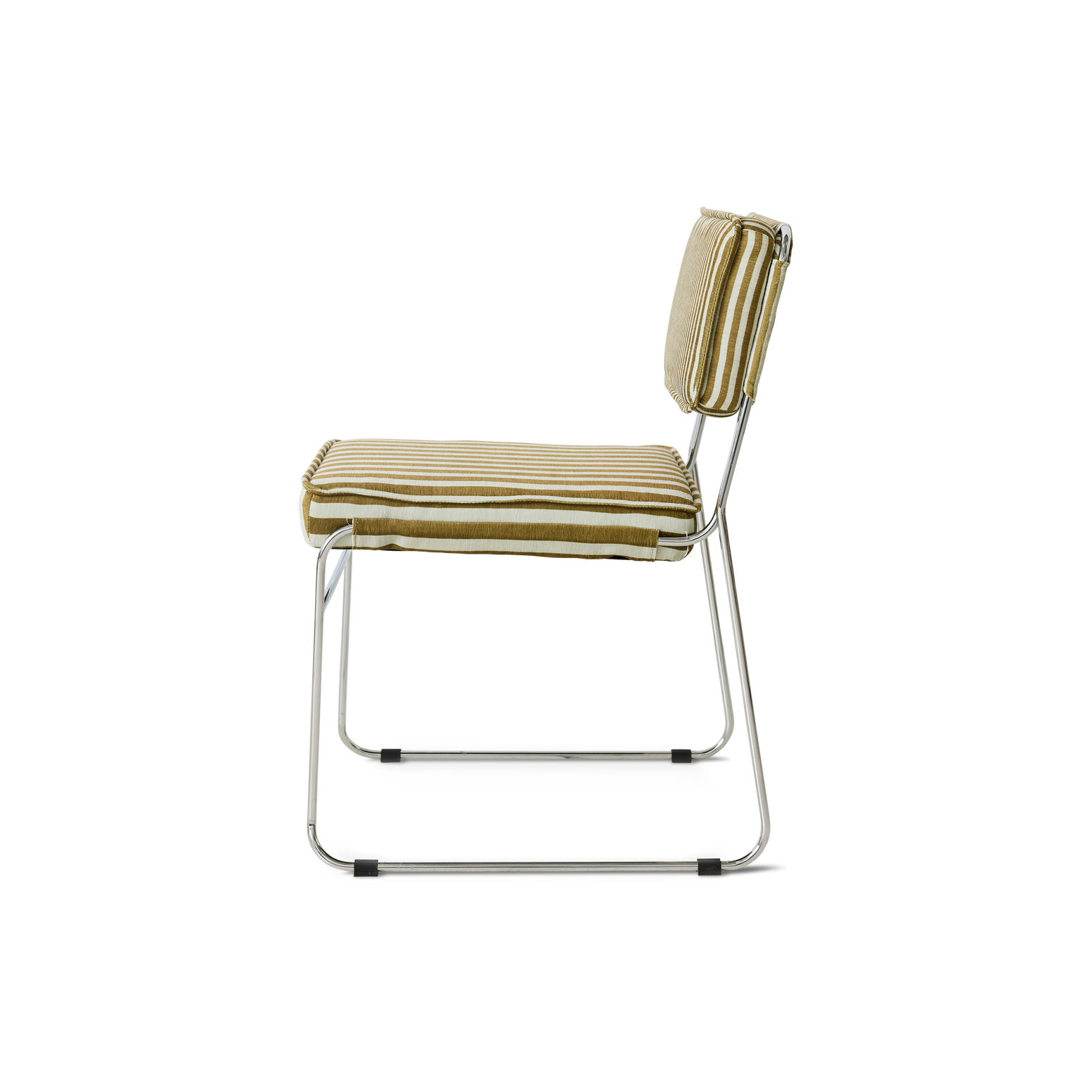 Spisestuestolen Endless Dining Chair fra HK Living med understell i forkrommet stål og polstret sete og rygg i det stripete tekstilet Sunflower