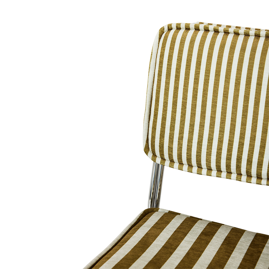 Spisestuestolen Endless Dining Chair fra HK Living med understell i forkrommet stål og polstret sete og rygg i det stripete tekstilet Sunflower
