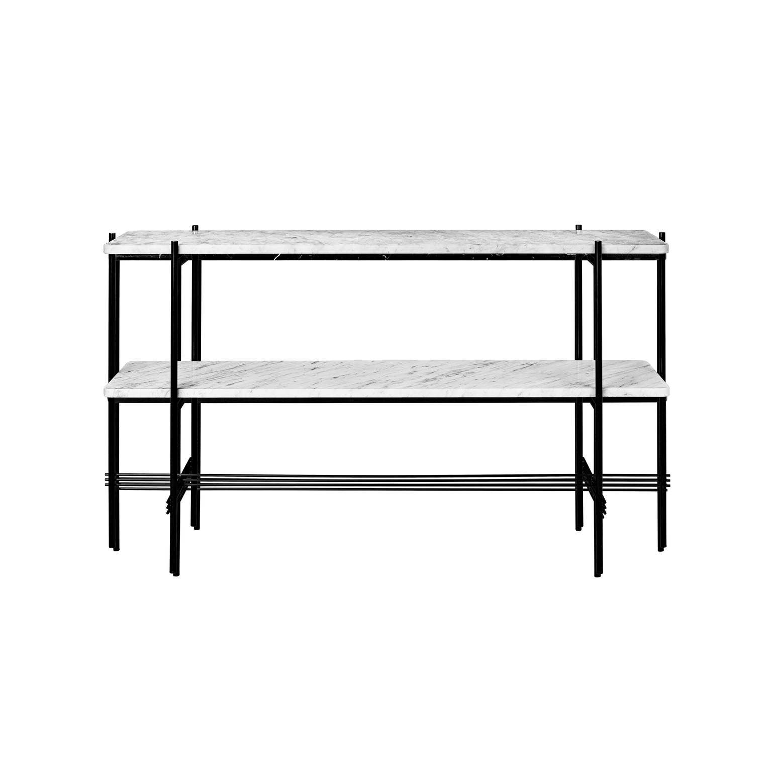 TS Console fra Gubi, med to hyller i hvit marmor er nydelig i en stue eller på soverommet ditt.