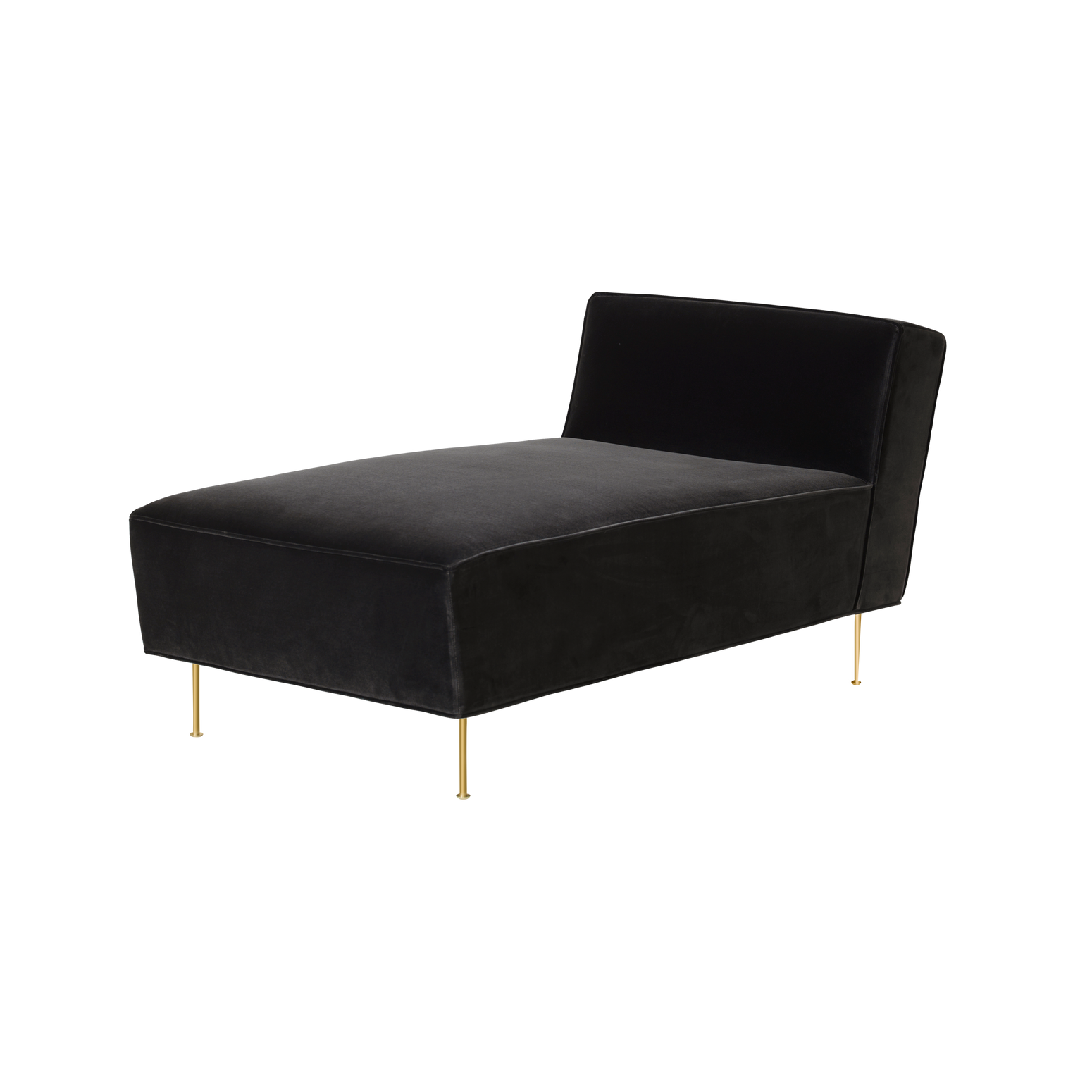 Modern Line Chaise Lounge dagseng fra Gubi i mørkegrå velur.