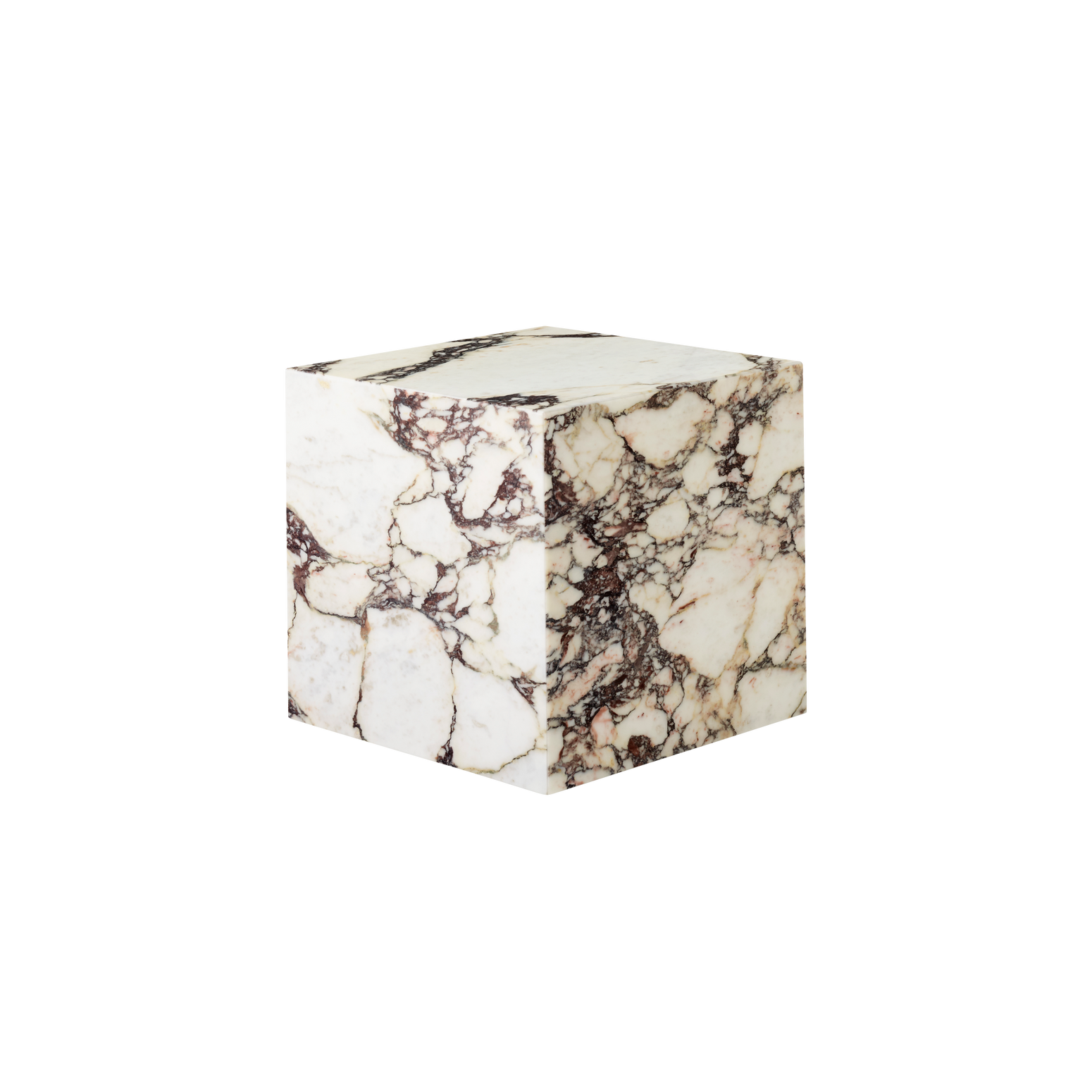 Sidebordet Plinth Cubic i beige og rosafarget Calacatta Viola marmor.