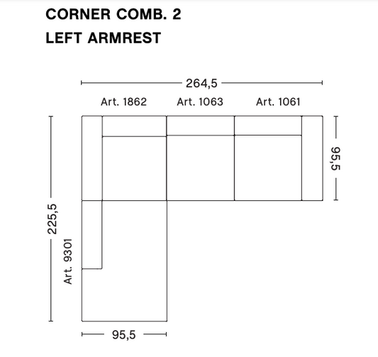 Sofa Mags hjørne kombinasjon 2 left. På hjørnekombinasjon right er sjeselongen på motsatt side. 