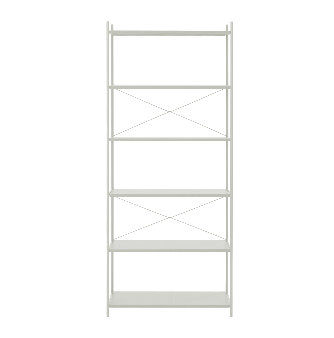 Hyllen Punctual 1x6 i fargen light grey. Kombinasjonen består av to kryss, to stiger og seks perforerte hylleplater