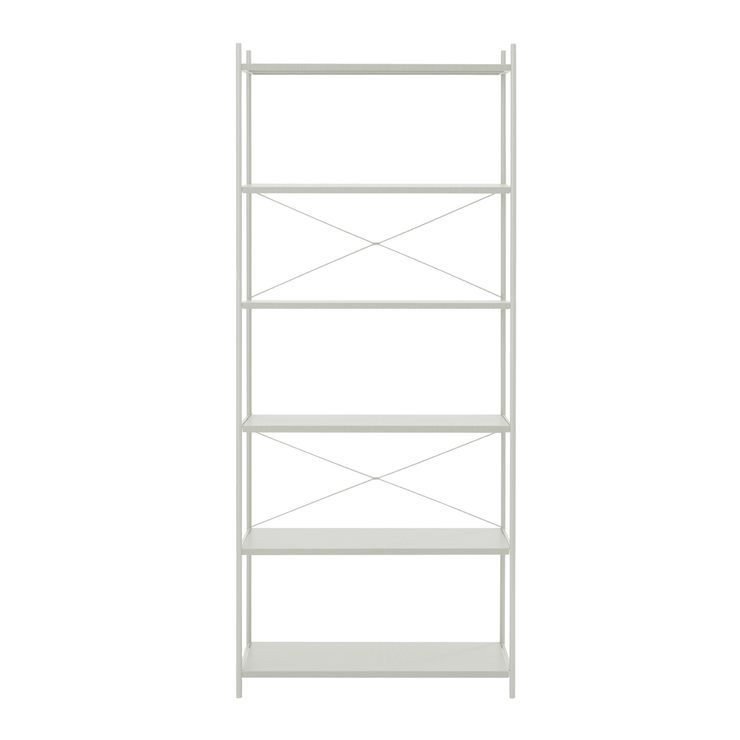 Hyllen Punctual 1x6 i fargen light grey. Kombinasjonen består av to kryss, to stiger og seks perforerte hylleplater