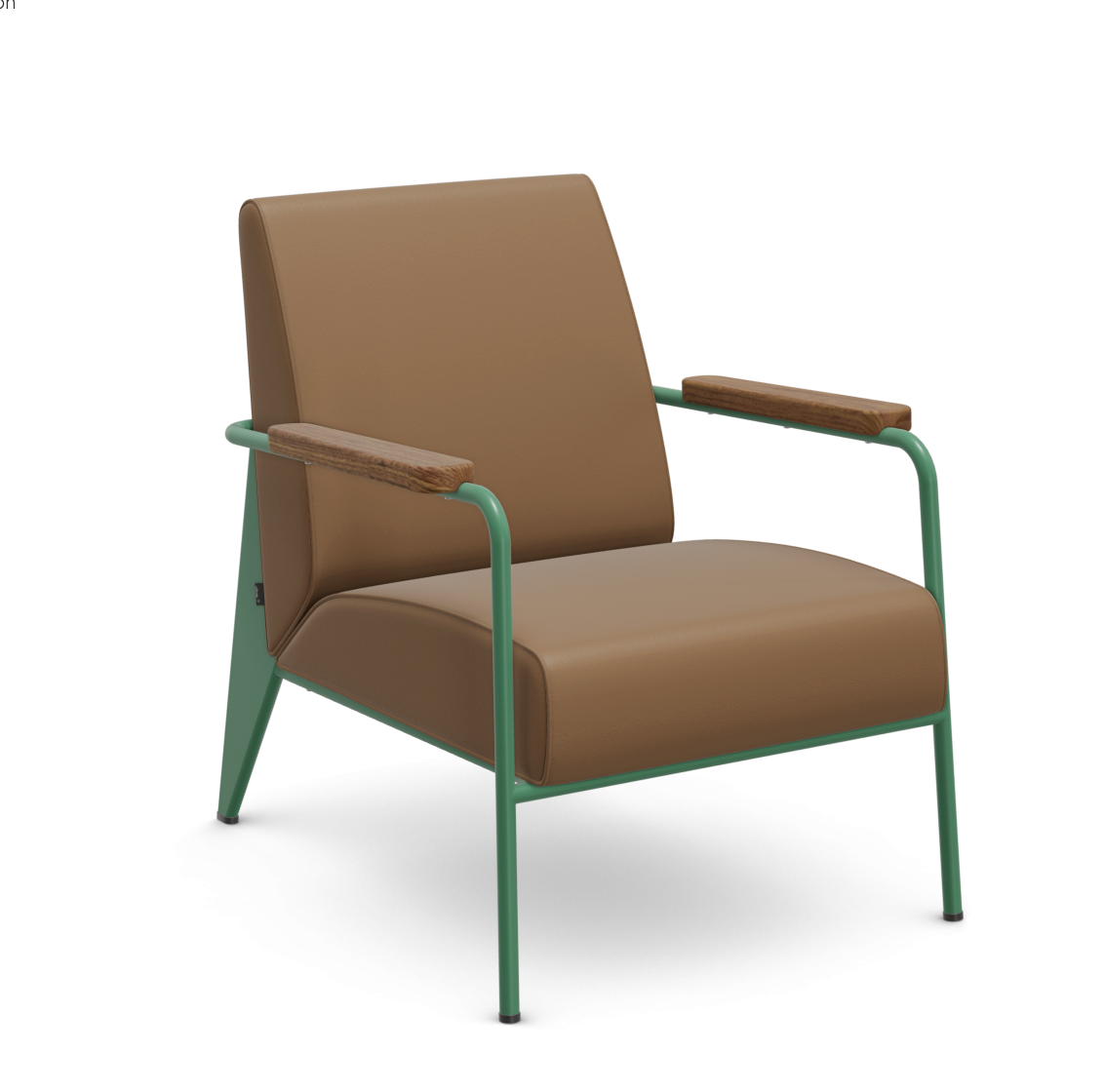 Eksempel: Prouvé Ble Vert ramme med leather premium i fargen camel, og armlener i valnøtt