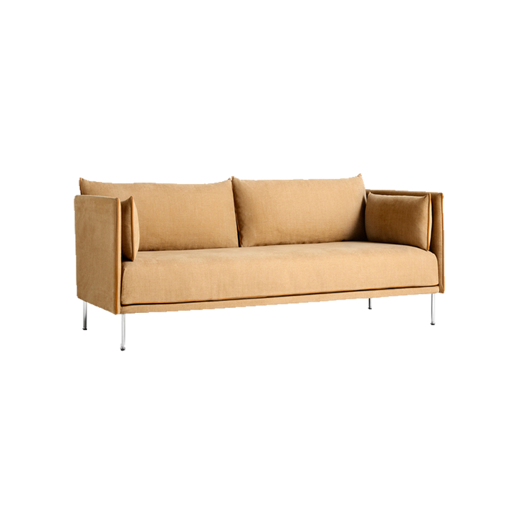 Sofa Silhouette 2-seter i tekstilet Linara 142, sømmer i cognacfarget skinn og bein i krom.