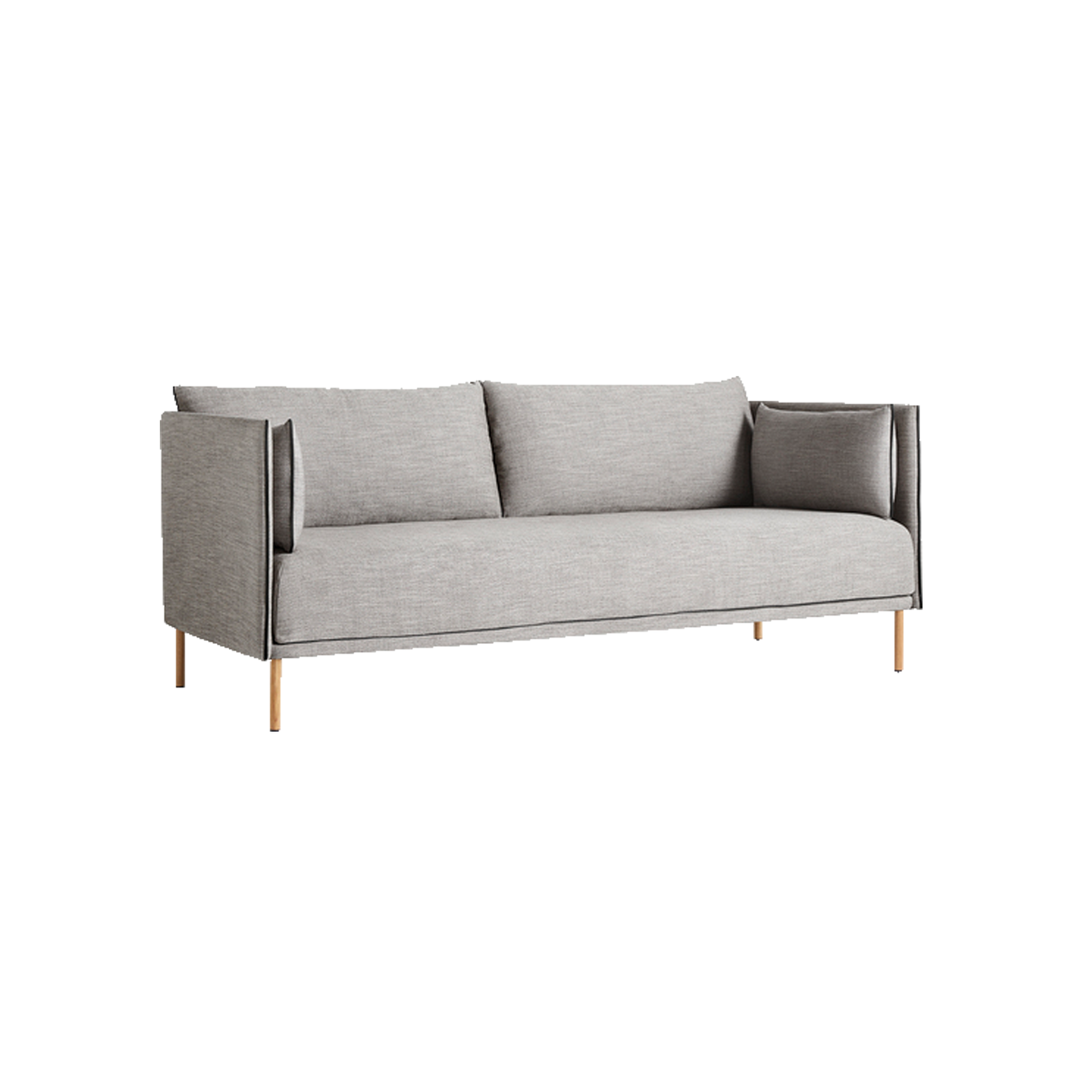 Sofa Silhouette 2-seter i tekstilet Ruskin 33, sømmer i svart skinn og eikebein.