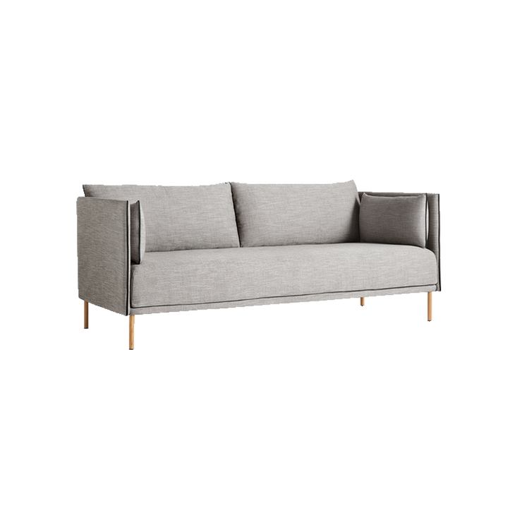 Sofa Silhouette 2-seter i tekstilet Ruskin 33, sømmer i svart skinn og eikebein.