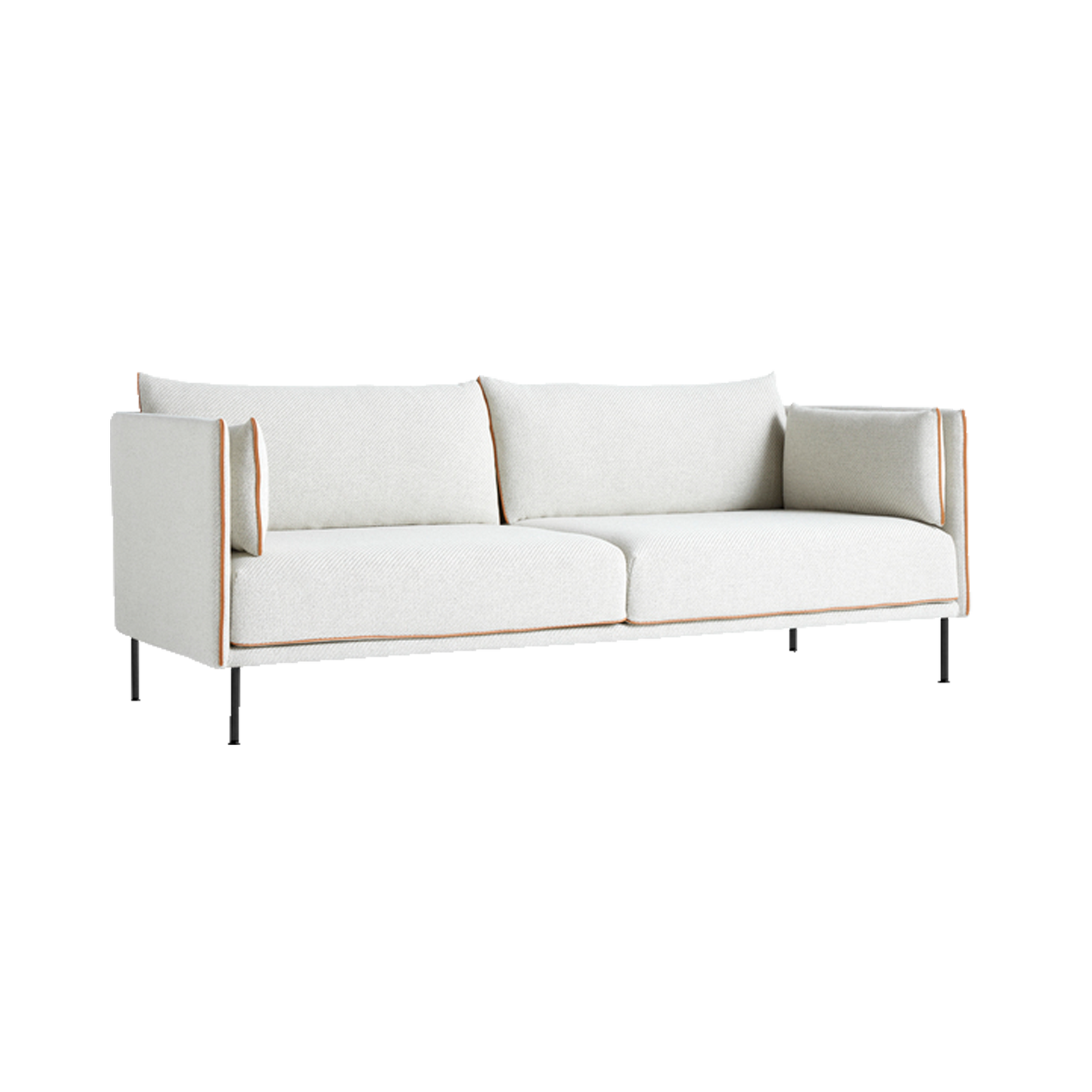 Sofa Silhouette 3-seter i tekstilet Coda 0100, sømmer i cognacfarget skinn og svarte metallbein.