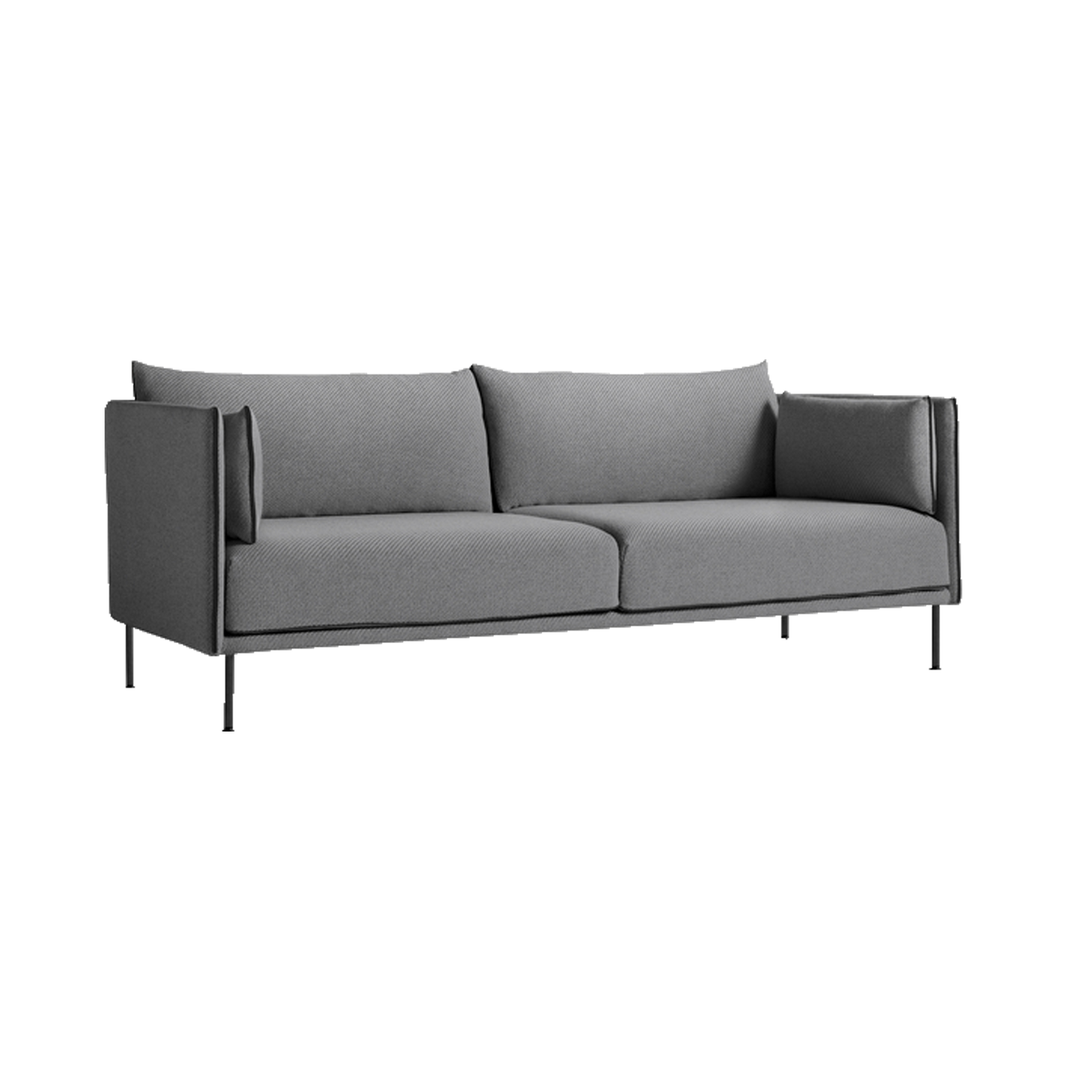 Sofaen Silhouette Sofa fra Hay, har et tydelig estetisk og sømløst formspråk med detaljer som gjør at du elsker den mer og mer. Dette er 3-seteren i tekstilet Coda 0182, sømmer i svart skinn og svarte metallbein.