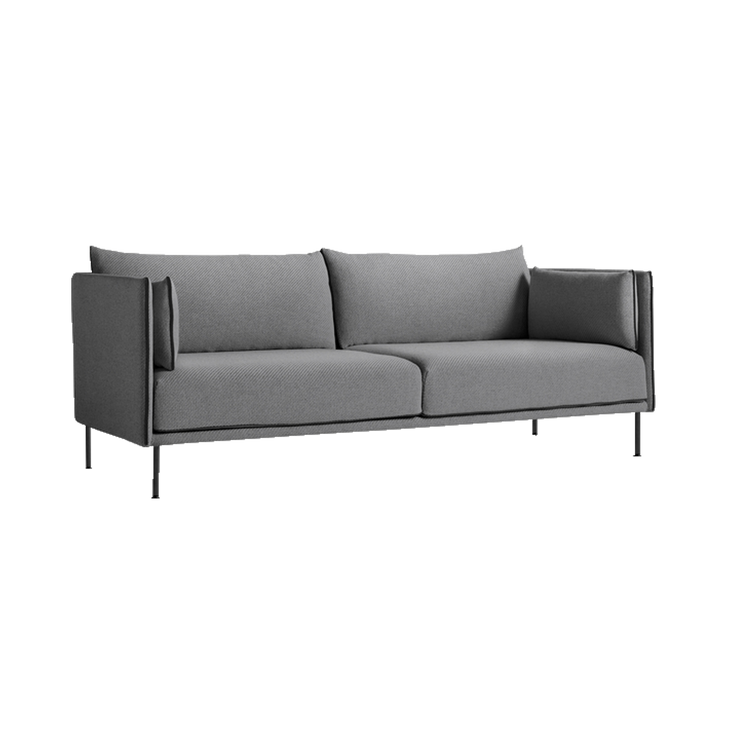 Sofaen Silhouette Sofa fra Hay, har et tydelig estetisk og sømløst formspråk med detaljer som gjør at du elsker den mer og mer. Dette er 3-seteren i tekstilet Coda 0182, sømmer i svart skinn og svarte metallbein.