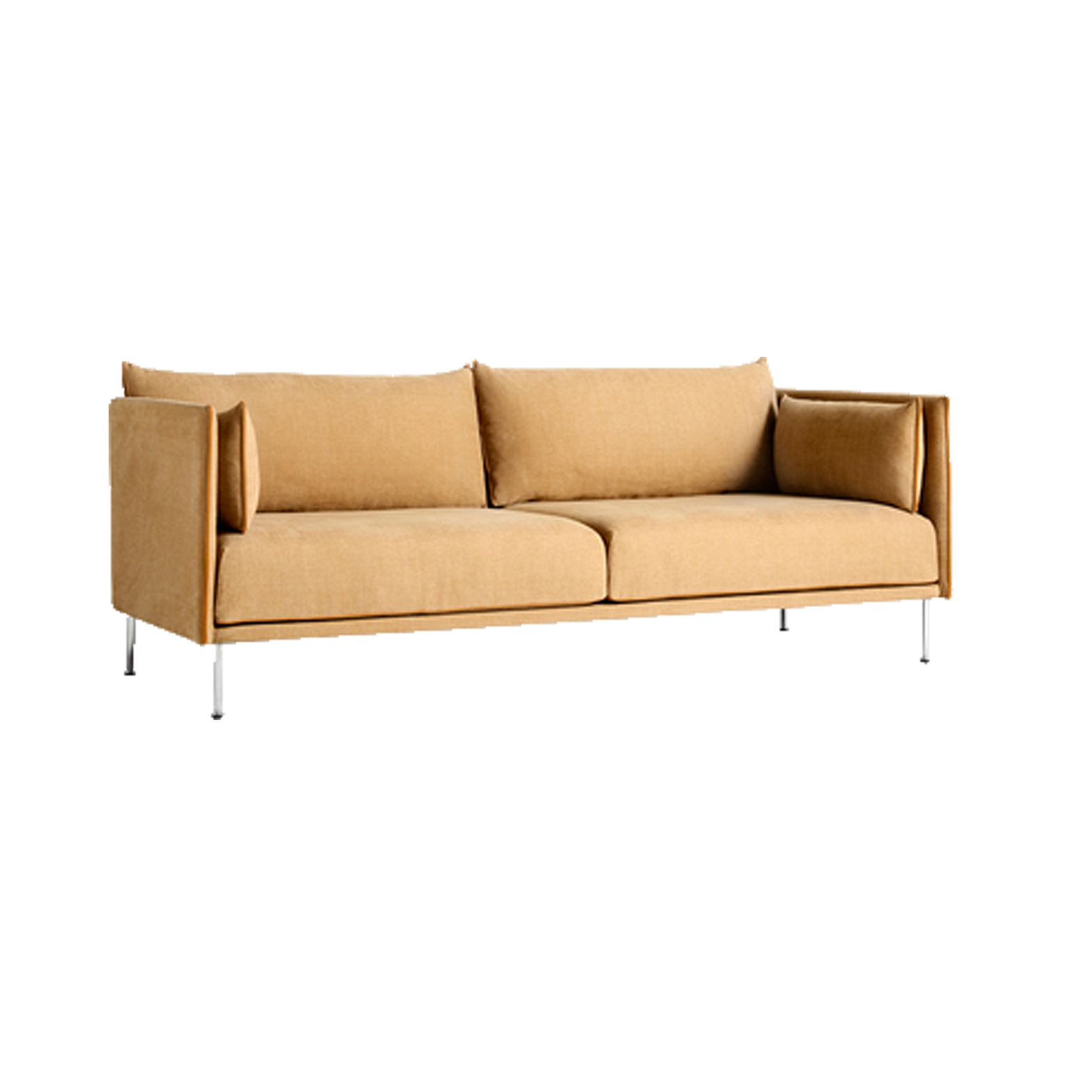 Sofa Silhouette 3-seter i tekstilet Linara 142, sømmer i cognacfarget skinn og bein i krom.