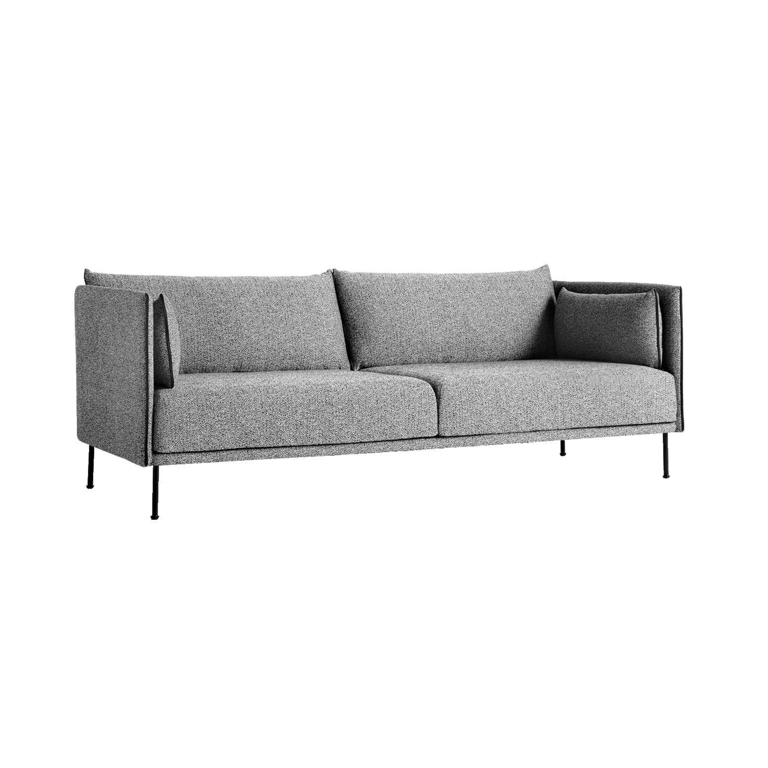 Sofa Silhouette 3-seter i tekstilet Olavi 03, sømmer i svart skinn og svarte bein.