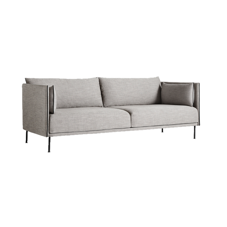 Sofa Silhouette 3-seter i tekstilet Ruskin 33, sømmer i svart skinn og svarte metallbein.