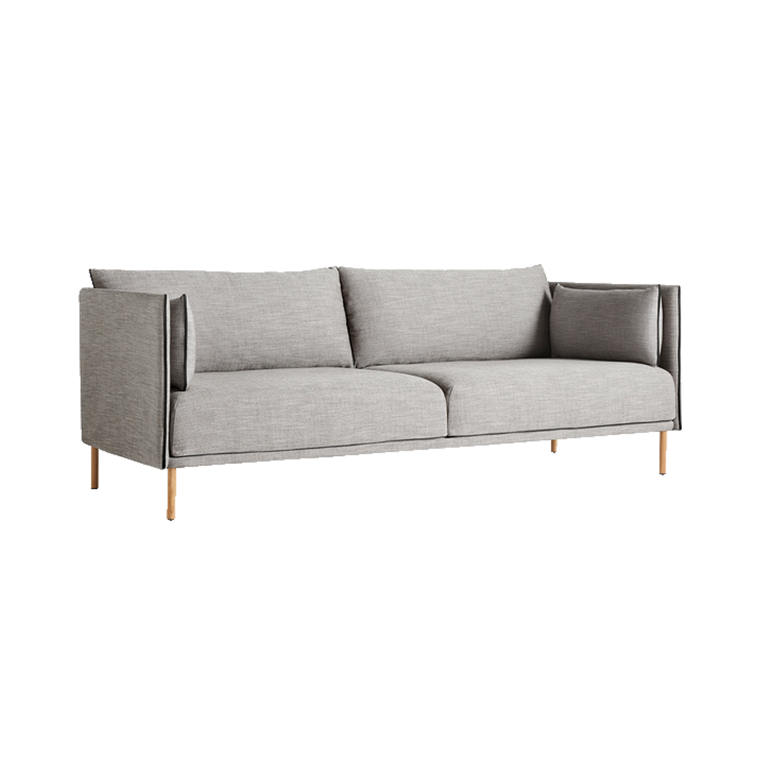 Sofa Silhouette 3-seter i tekstilet Ruskin 33, sømmer i svart skinn og eikebein.