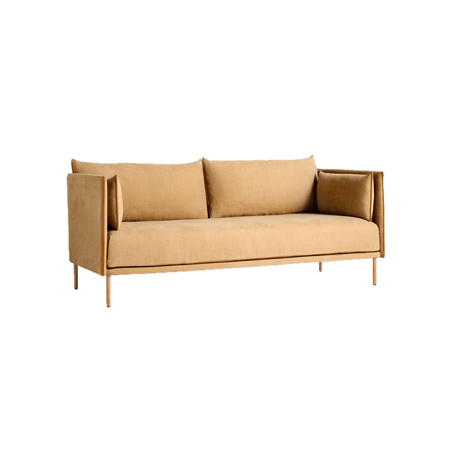 Sofa Silhouette 2-seter i tekstilet Linara 142, sømmer i cognacfarget skinn og eikebein.