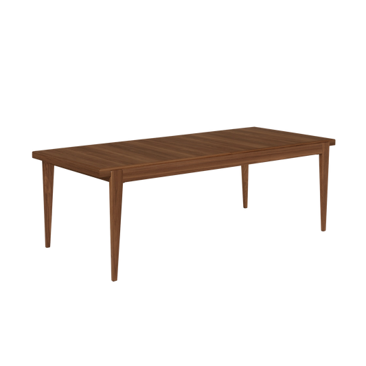 S-table har enkle innsnevrede ben, robust ramme og en effektiv, rektangulær overflate. Her i valnøtt.